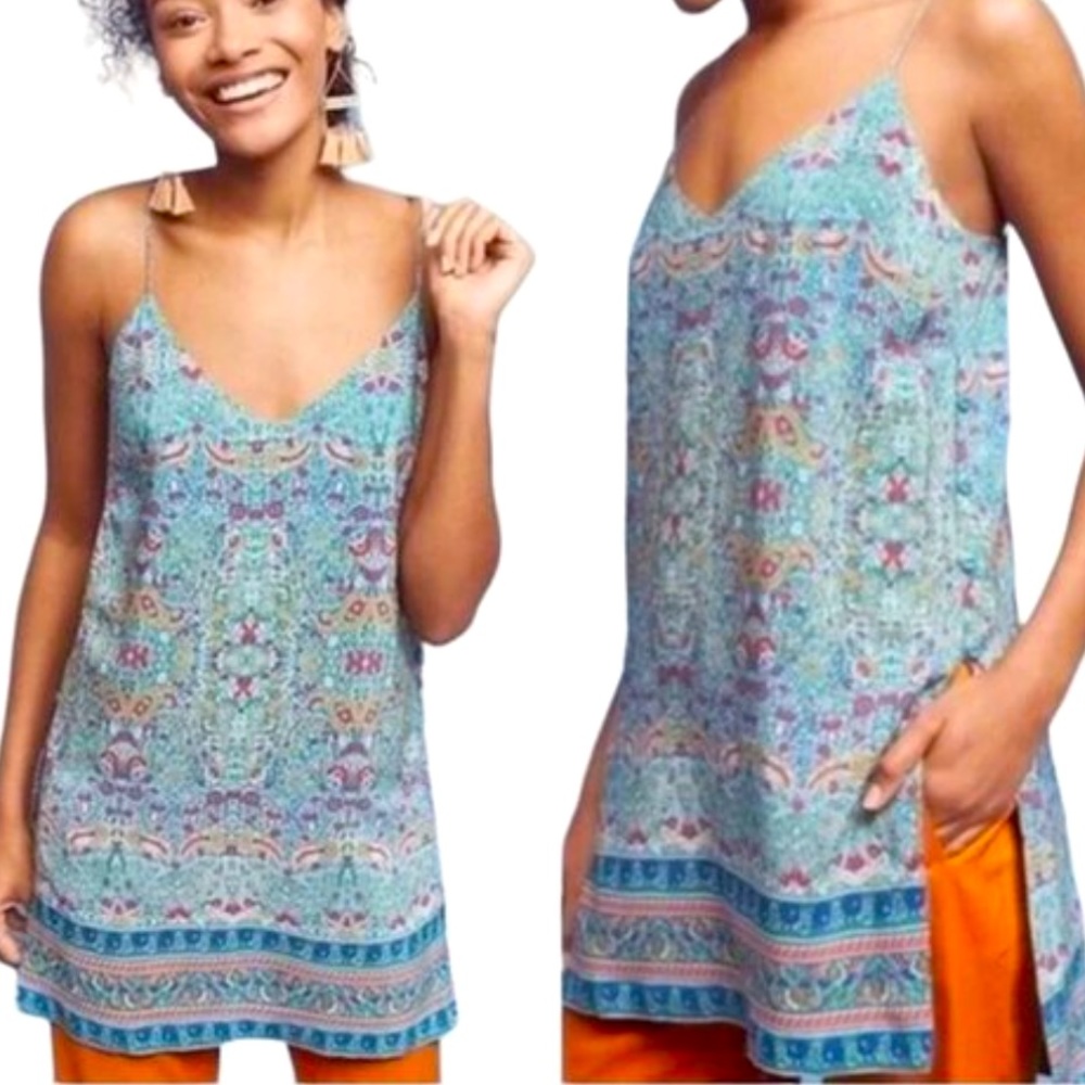 New Maeve x Anthropologie Meret 2 | XS Blue Pink Silk Floral Tank Tunic Top - Picture 1 of 10